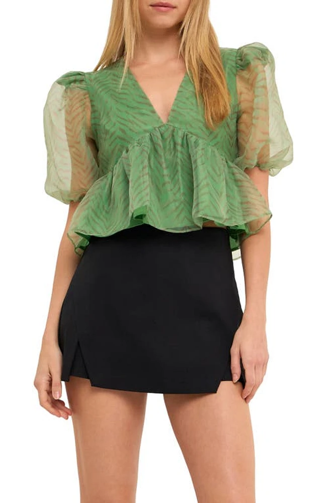 Endless Rose Zebra Print Puff Sleeve Crop Top Green Multi at Nordstrom,