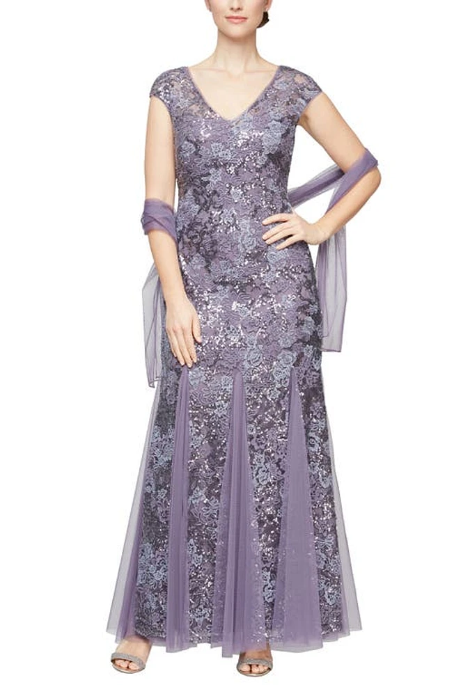 Alex Evenings Sequin Embroidered Trumpet Gown Icy Orchid at Nordstrom,