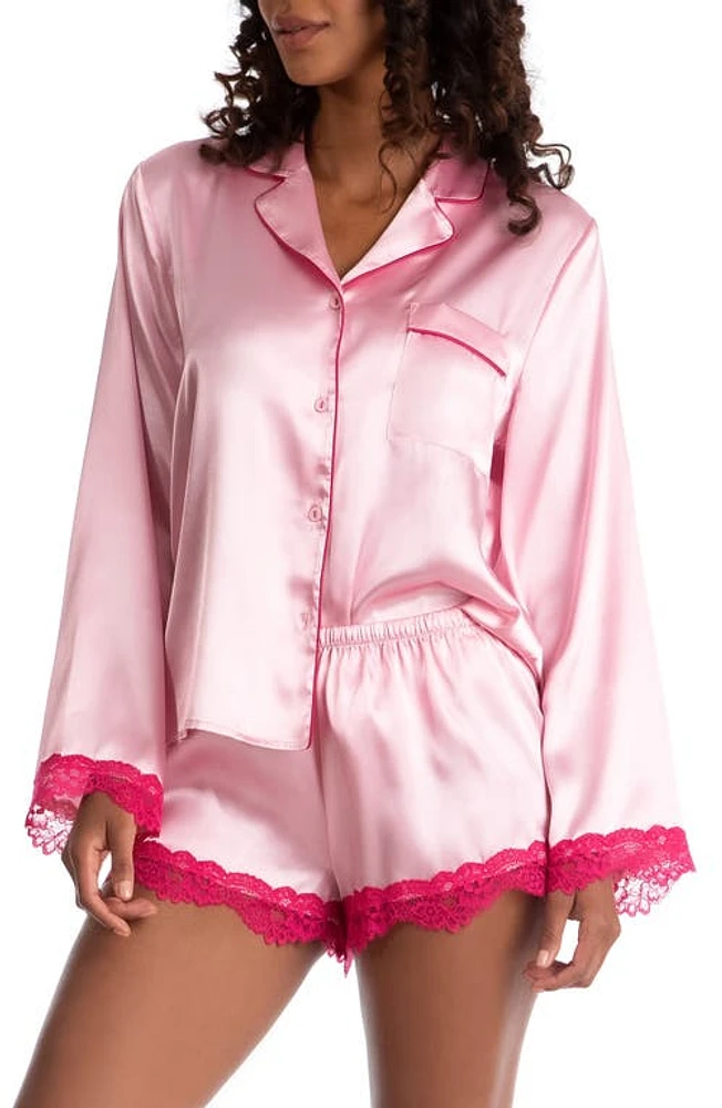 Bloom by Jonquil Felicity Lace Trim Long Sleeve Satin Shorts Pajamas at Nordstrom,