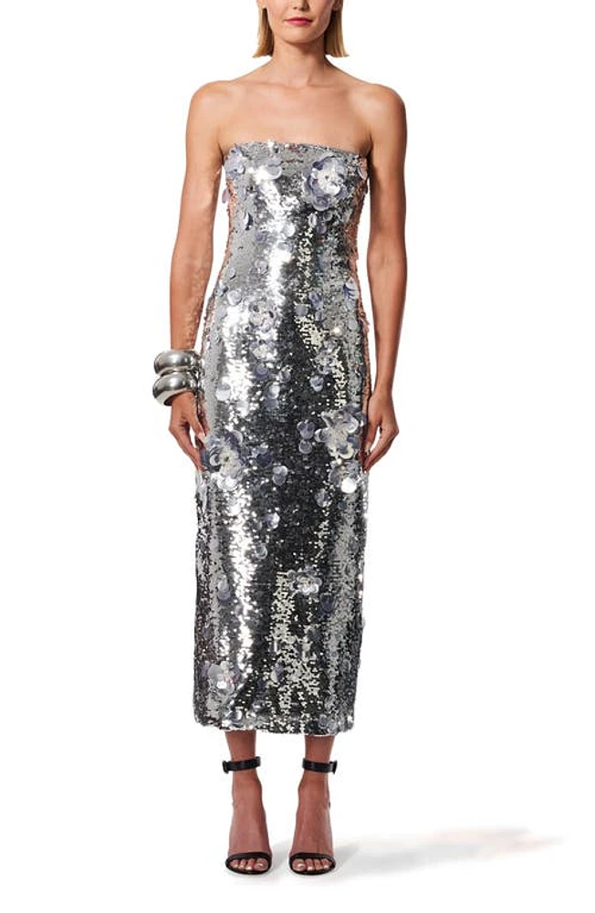 Carolina Herrera Sequin 3D Floral Paillette Strapless Midi Dress in Silver at Nordstrom, Size 4