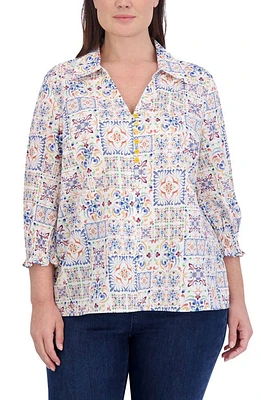 Foxcroft Alexis Watercolor Print Smocked Sleeve Cotton Popover Top Multi at Nordstrom