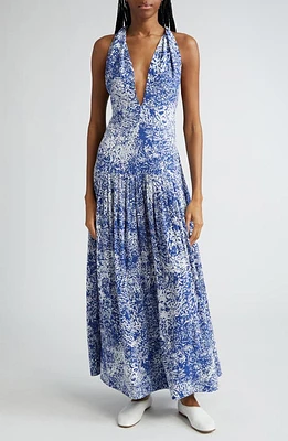 Proenza Schouler Simone Print Plunge Neck Twist Back Maxi Dress Cobalt Multi at Nordstrom,