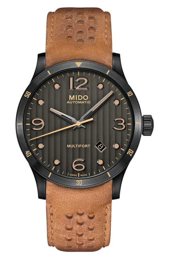 MIDO Multifort Automatic Leather Strap Watch, 42mm in Tan/Grey/Gunmetal at Nordstrom