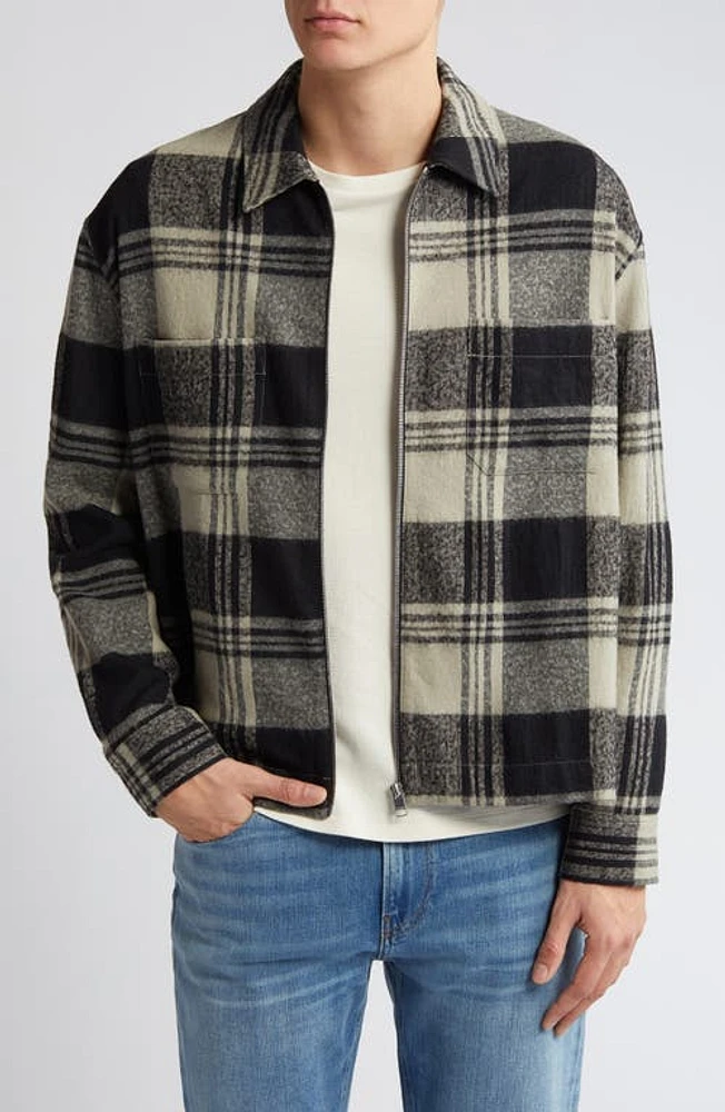 FRAME Spring Plaid Zip Shirt Jacket Smoke Beige/Noir at Nordstrom,