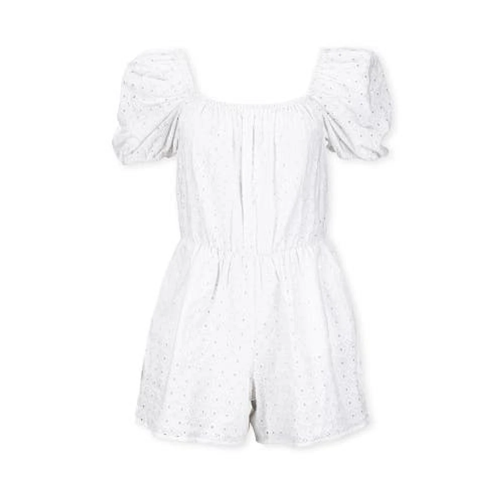 Hope & Henry Women's Puff Sleeve Eyelet Romper in White Circle Grid Eyelet at Nordstrom