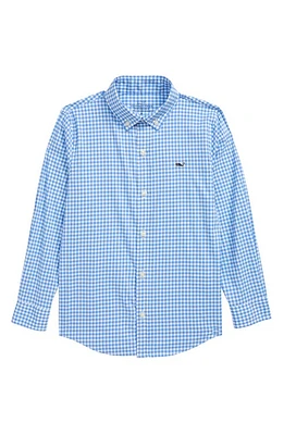 vineyard vines Kids' Gingham Performance Whale Button-Down Shirt in Cornflower at Nordstrom, Size 5