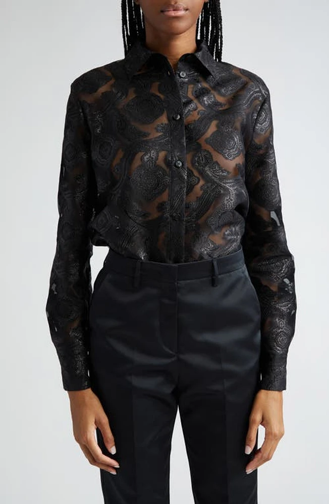 Etro Metallic Paisley Sheer Button-Up Shirt Black at Nordstrom, Us