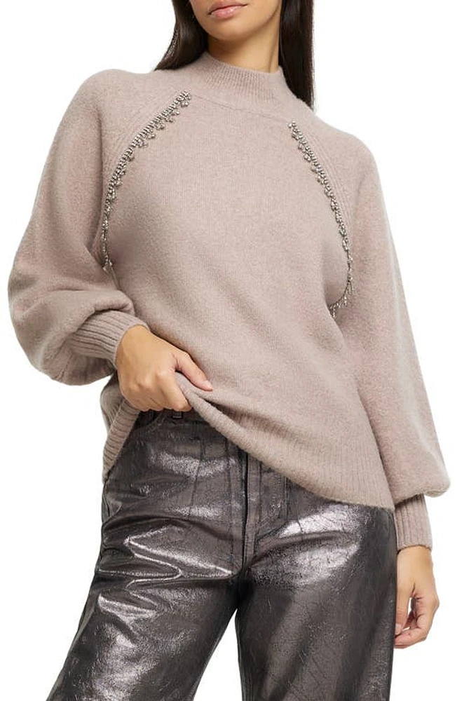 River Island Diamanté Fringe Mock Neck Sweater Pink at Nordstrom,