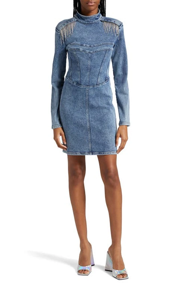 GESTUZ Crystal Fringe Long Sleeve Denim Minidress Mid Blue Washed at Nordstrom, Us