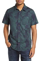 TravisMathew Sugar Rim Frond Print Short Sleeve Stretch Cotton Button-Up Shirt Blue Nights at Nordstrom,