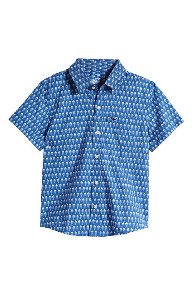 vineyard vines Kids' Fish Print Short Sleeve Cotton Madras Button-Up Shirt Upstrm Blu Wave at