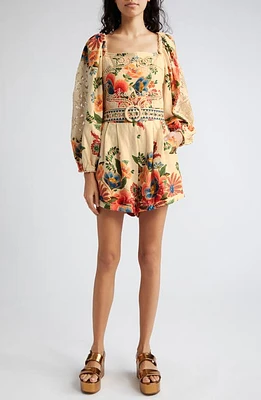 FARM Rio Delicate Garden Linen Blend Long Sleeve Romper Sand at Nordstrom,