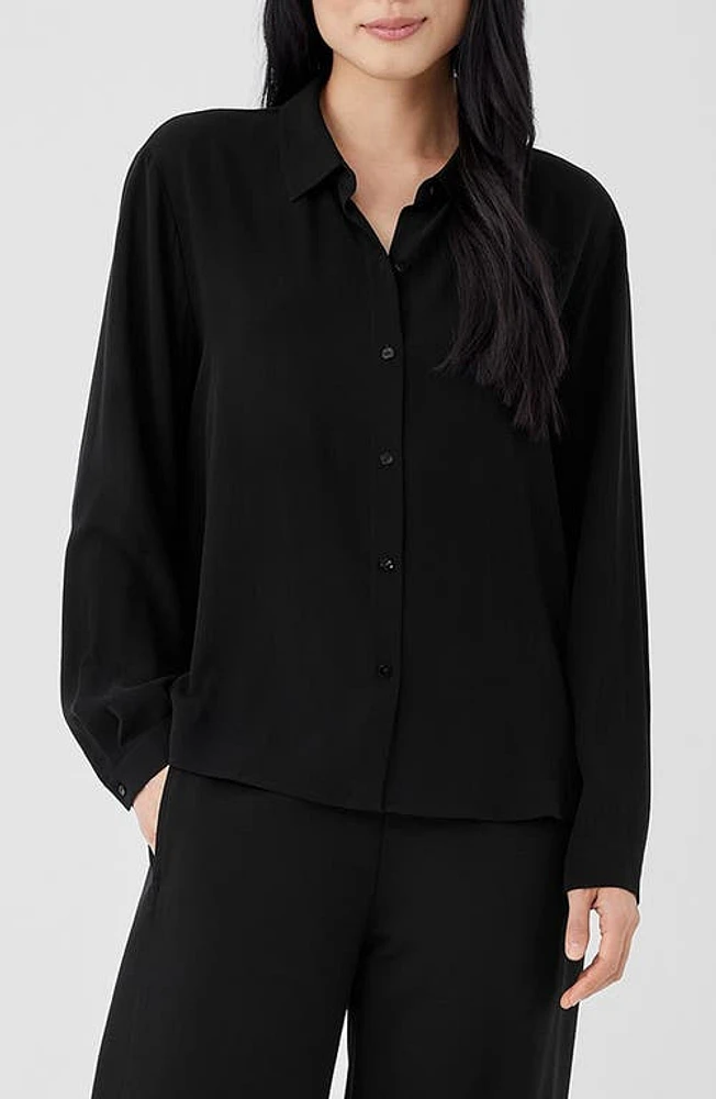 Eileen Fisher Easy Classic Collar Silk Button-Up Shirt Black at Nordstrom,