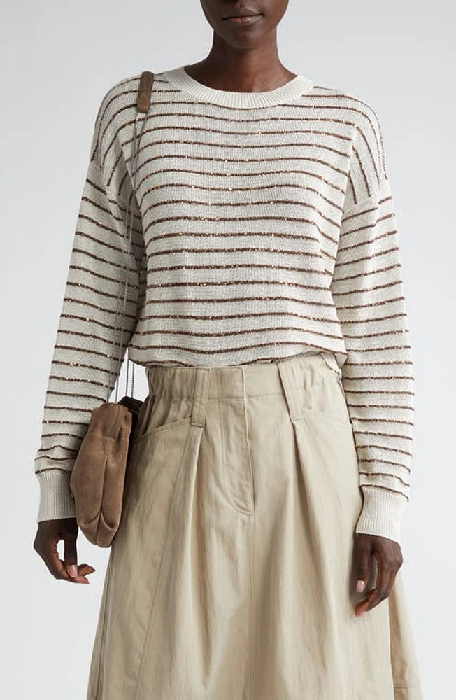 Brunello Cucinelli Sequin Stripe Sweater Oat at Nordstrom,