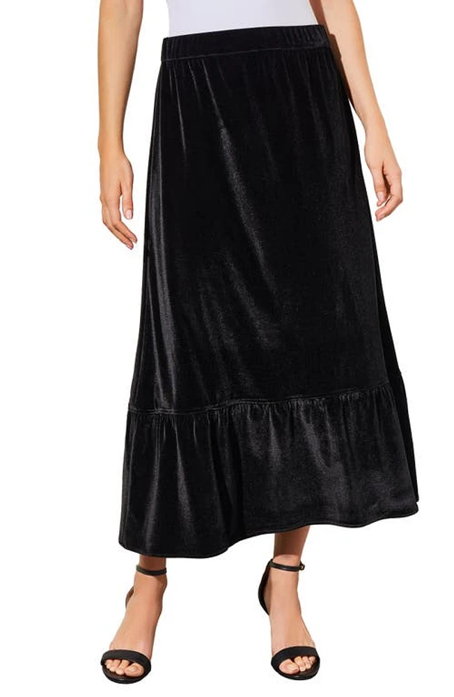 Ming Wang Flounce Velvet Midi Skirt Black at Nordstrom,