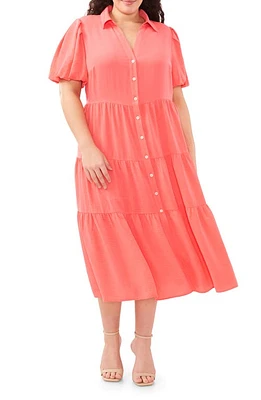 CeCe Puff Sleeve Tiered Maxi Shirtdress Calypso Coral at Nordstrom,