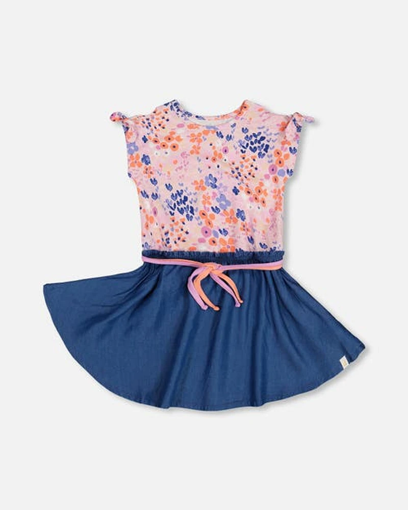 Deux Par Deux Girl's Printed And Chambray Bi-Material Dress Lavender in Lavender Fields Flowers at Nordstrom