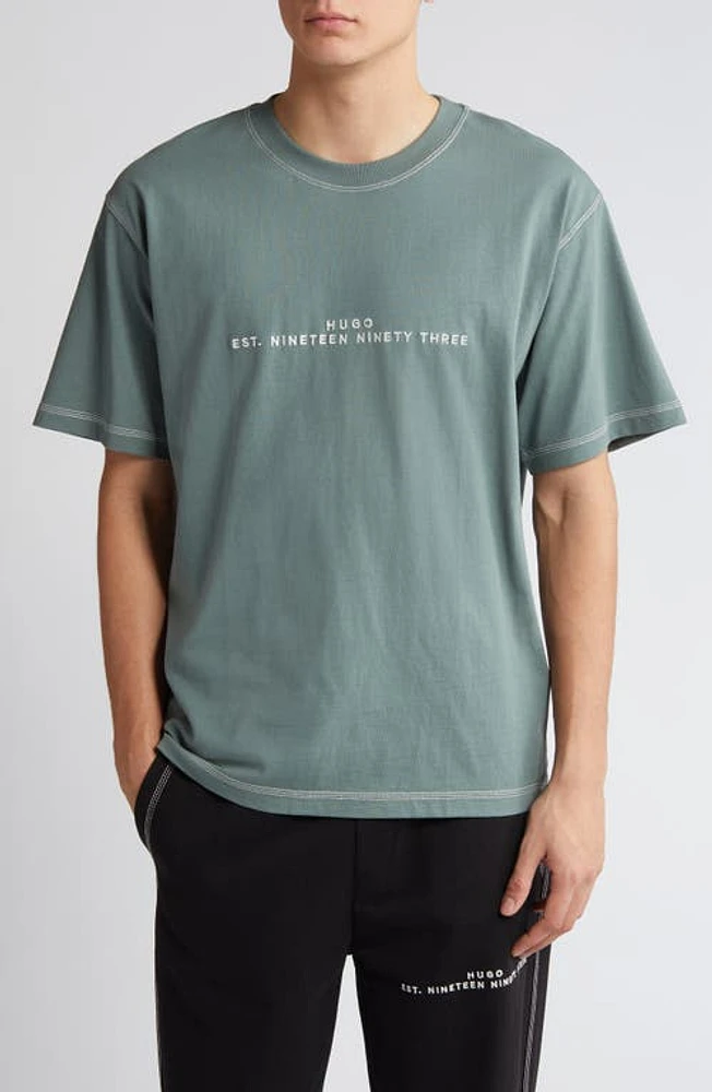 HUGO Dribes Embroidered Logo Recycled Cotton T-Shirt Dark Green at Nordstrom,