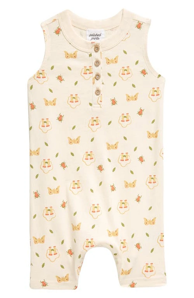 POLISHED PRINTS Bugs & Binoculars Organic Cotton Henley Romper Natural at Nordstrom,