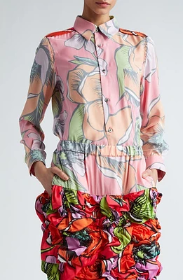 Comme des Garçons Floral Reverse Print Satin Button-Up Shirt Red Multi at Nordstrom,