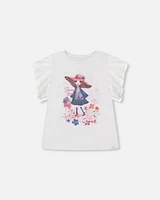 Deux Par Deux Little Girl's Organic Cotton Top With Print White at Nordstrom, Size 4T