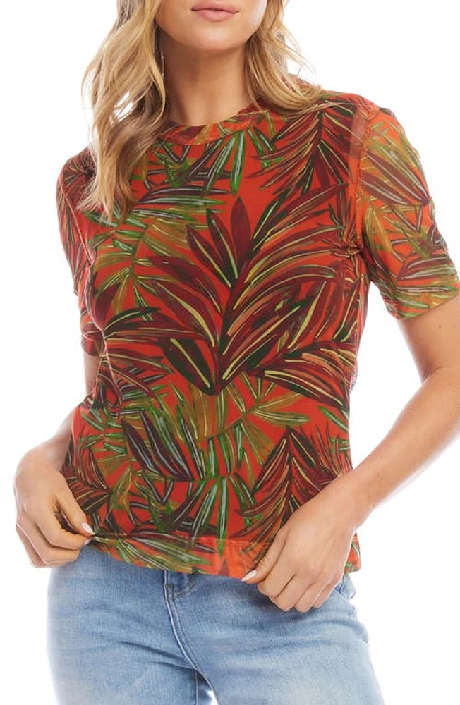 Karen Kane Palm Print Sheer Mesh Top Orange at Nordstrom,