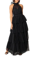 Petal & Pup Frances Halter Neck Tiered Tulle Gown in Black at Nordstrom, Size Small