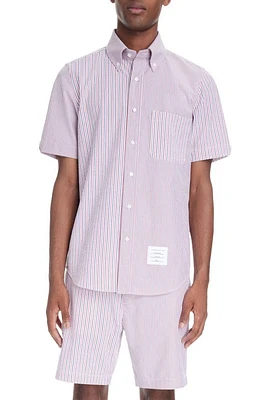 Thom Browne Straight Fit Stripe Short Sleeve Cotton Seersucker Button-Down Shirt Rwbwht at Nordstrom,