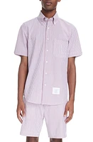 Thom Browne Straight Fit Stripe Short Sleeve Cotton Seersucker Button-Down Shirt Rwbwht at Nordstrom,