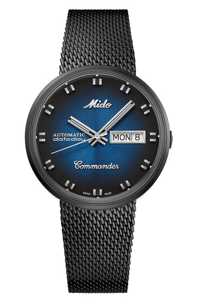 MIDO Commander Shade Automatic Mesh Strap Watch, 37mm in Black/Blue at Nordstrom