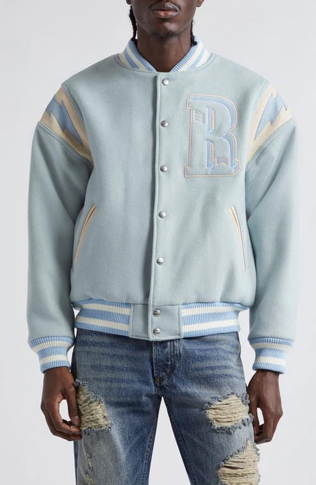 Rhude Lightning Varsity Wool Blend Bomber Jacket Mint/Cream at Nordstrom,