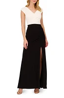 Adrianna Papell Pleated Cap Sleeve Gown Black/Ivory at Nordstrom,