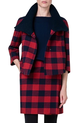 Akris punto Buffalo Check Wool & Cotton Jacket in 076 Crimson-Navy at Nordstrom, Size 10