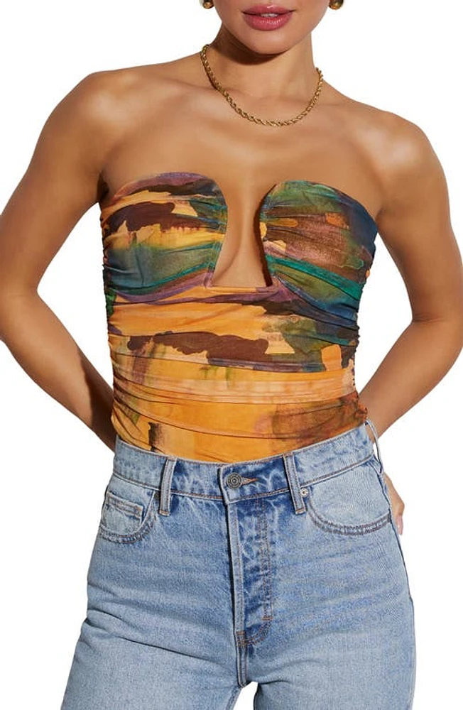 VICI Collection Jazlynn Abstratct Print Strapless Bodysuit in Orange/Multi at Nordstrom, Size Large