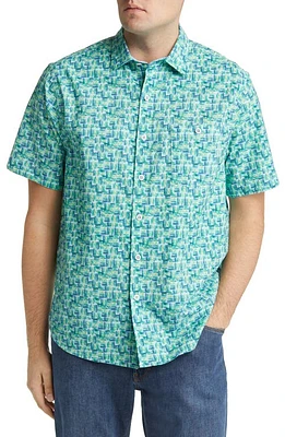 Tommy Bahama Nova Wave Jetty Geo Seersucker Short Sleeve Button-Up Shirt in Emerald Grass at Nordstrom, Size Small