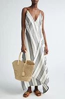 FERRAGAMO Stripe Asymmetric Midi Dress Ecru/Nero/Ash Grey at Nordstrom, Us