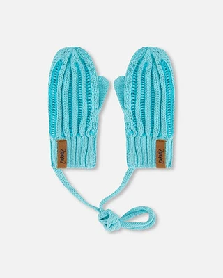 Deux Par Deux Baby Unisex Knit Mittens With Cord Turquoise at Nordstrom