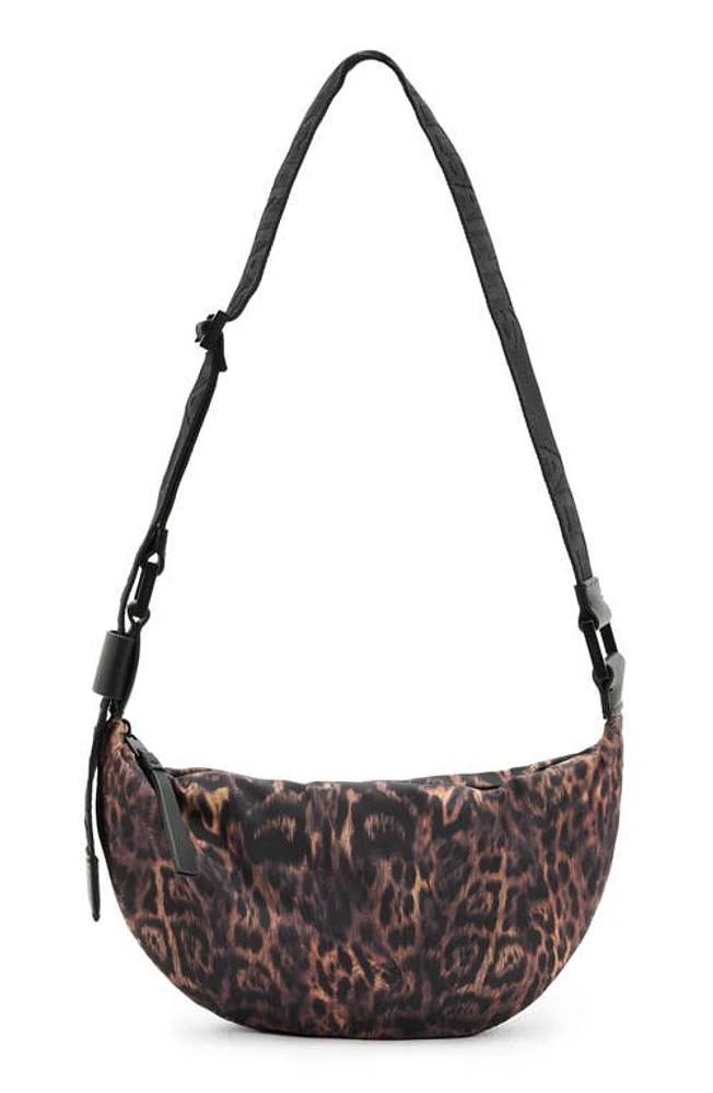 AllSaints Half Moon Nylon Crossbody Bag in Leopard Brown at Nordstrom