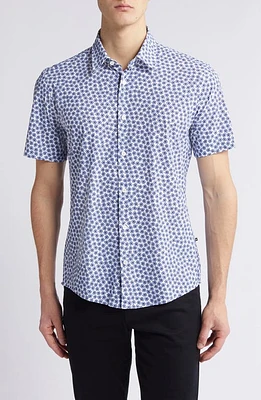 BOSS Roan Floral Short Sleeve Stretch Button-Up Shirt Light Blue at Nordstrom,