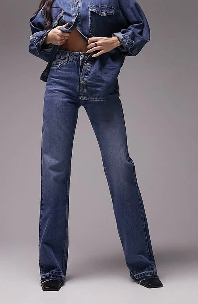 Topshop '90s Let Down Hem Flare Jeans in Medium Blue at Nordstrom, Size 26 X 30