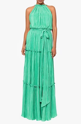 Betsy & Adam Plissé Tie Waist Tiered Gown Green at Nordstrom,