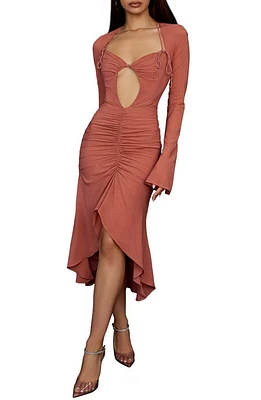 HOUSE OF CB Reine Long Sleeve Silk Blend Cutout Midi Dress Rose at Nordstrom,