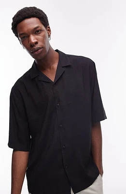 Topman Relaxed Satin Camp Shirt Black at Nordstrom,