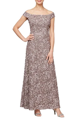 Alex Evenings Soutache Off the Shoulder A-Line Gown Mink at Nordstrom,