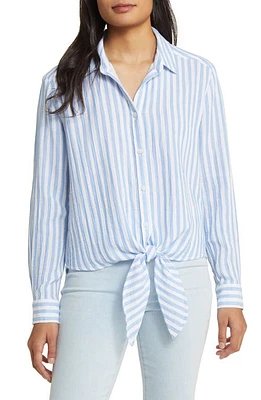 beachlunchlounge Lani Stripe Tie Front Cotton Shirt Bluebell at Nordstrom,