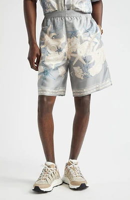 Versace Barocco Sea Print Silk Twill Shorts Cocrete Dusty Blue Bone at Nordstrom, Us