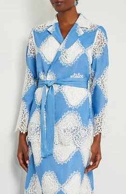 Misook Heritage Lace Inset Tie Waist Jacket Adriatic Blue/White at Nordstrom,