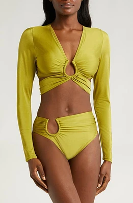 Villa Fresca Lucia Wrap Long Sleeve Bikini Top Shinny Olive at Nordstrom,