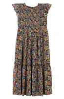 Zunie Kids' Floral Ruffle Smocked Bodice Dress in Black Multi at Nordstrom, Size 8