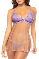 Mapale Floral Mesh Babydoll Chemise & G-String Set Lilac/Nude at Nordstrom,